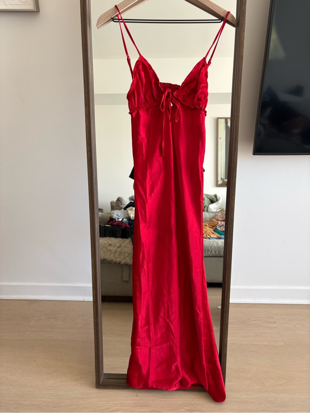 Zara Red Satin Slip Maxi Dress with Tie Front